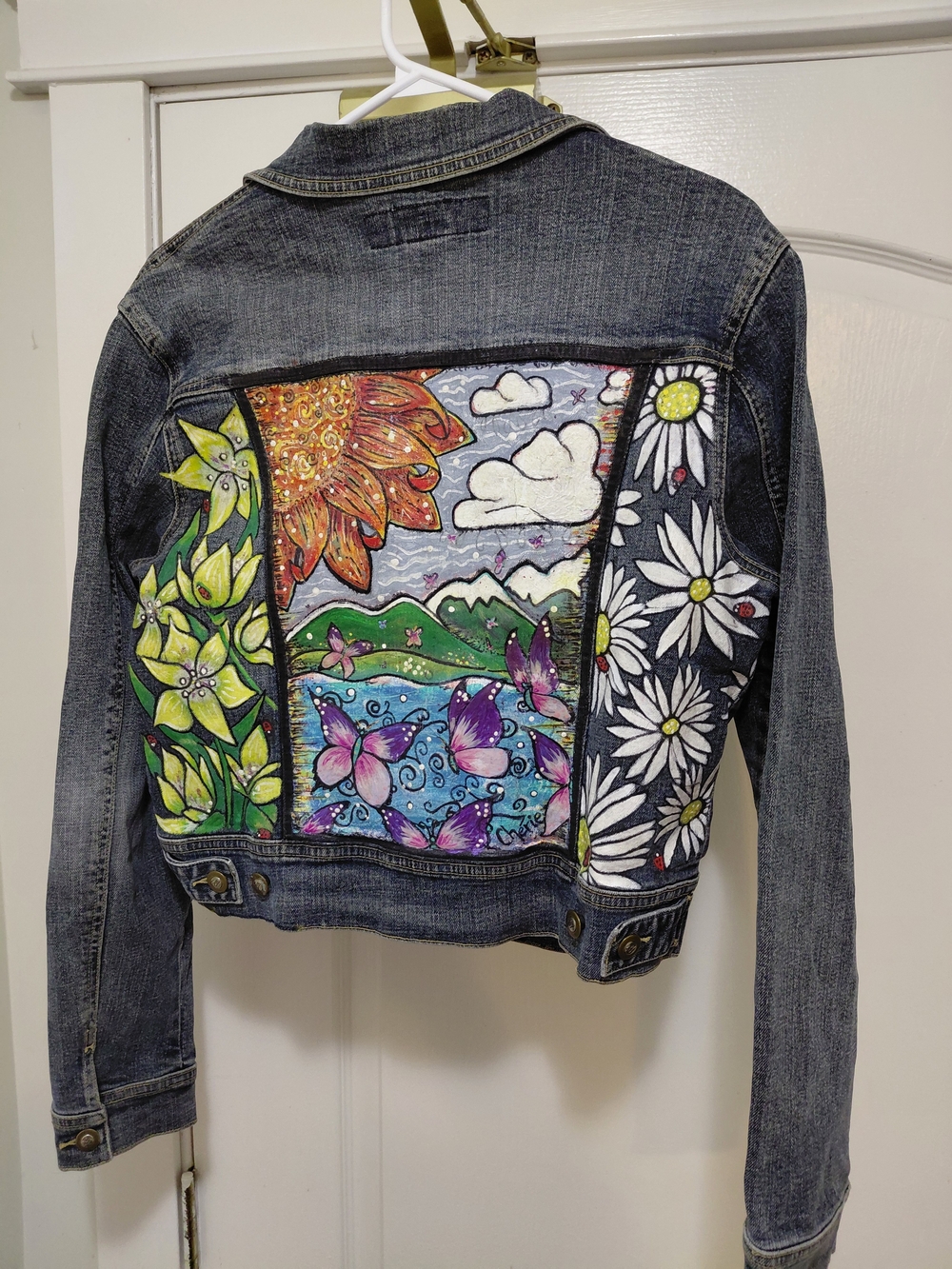 Hand-Painted Floral & Butterfly Sean John Denim Jacket - Women's